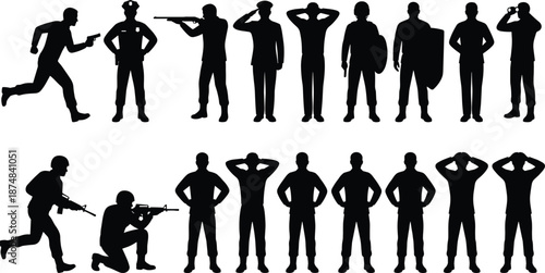 Police, military and security silhouettes, armed officers soldiers poses, black vector icons, law enforcement tactical collection, isolated white background illustration
