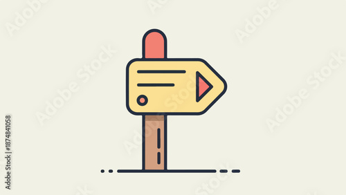Minimalist directional signpost illustration with yellow sign and red arrow on brown pole