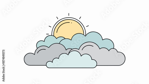 Minimalist sky illustration with soft blue and gray clouds and a partially visible yellow sun