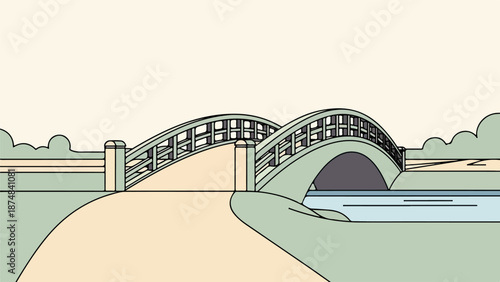 Illustration of an arched bridge spanning a calm river with lush greenery and sandy banks