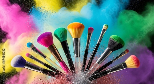 Colorful Makeup Brushes with Vibrant Powder Explosion Background.