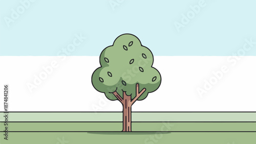 Solitary tree with vibrant green foliage in a light green field under a pastel sky