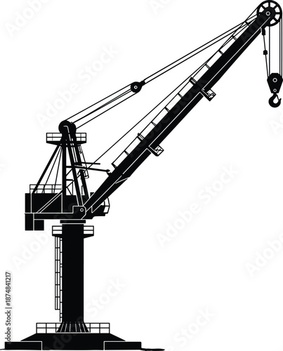 Industrial harbor crane silhouette, heavy lifting machinery for port operations, construction logistics, engineering equipment, isolated black illustration, maritime industry