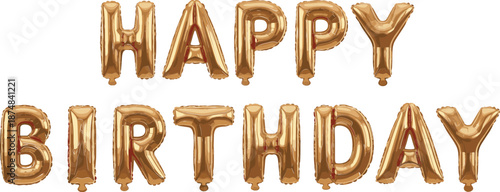 Realistic 3D Golden Foil Balloons Spelling Happy Birthday for Festive Party Decorations, Event Celebrations, Greeting Cards, and Digital Social Media Graphics