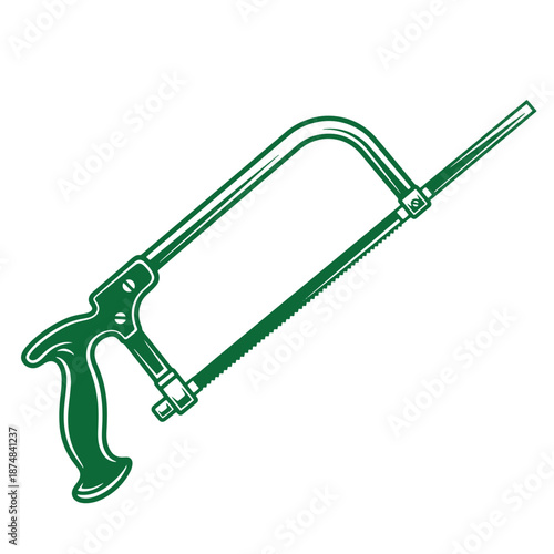 Green metal handsaw with handle and serrated blade for cutting various materials