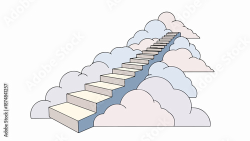 Floating staircase ascending diagonally against a pastel sky with fluffy clouds