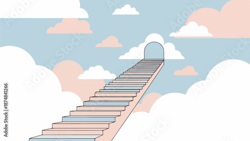 Three-dimensional staircase ascending into a pastel sky with clouds and a black railing