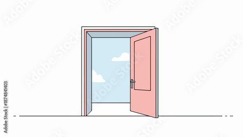 Minimalist interior with softly ajar pink door framed by light blue border against light gray wall