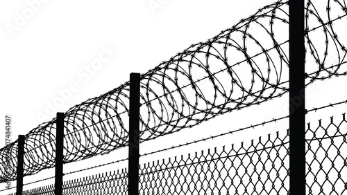 Razor wire security fence silhouette, barbed coil barrier illustrating border control prison surveillance safety, isolated black vector graphic background design