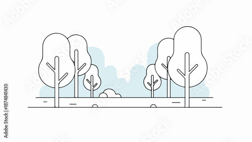 Minimalist illustration of a row of evenly spaced deciduous trees with rounded canopies and a misty blue background