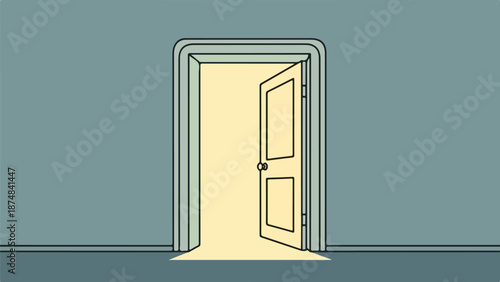 Minimalist interior with a single door slightly ajar against a light blue background