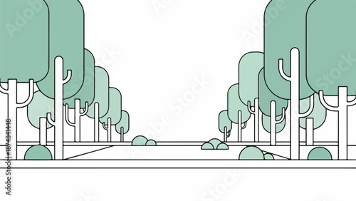 Minimalist abstract forest scene with tall slender trees and rounded canopies on white background