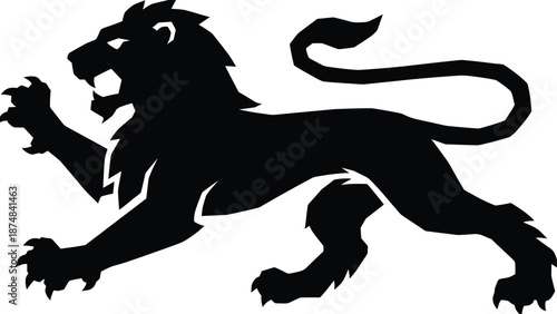 Roaring lion silhouette, fierce wild animal illustration representing strength power courage, isolated black vector graphic for logo branding design use