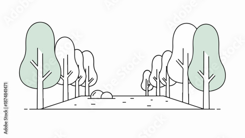 Minimalist landscape illustration with grassy hill, trees, and soft greens