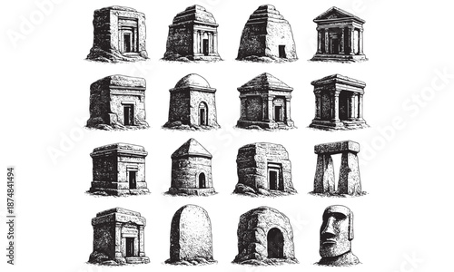 Ancient Tombs and Mausoleums - Hand Drawn Historical Burial Monuments Architecture Sketch Collection