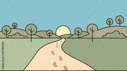 A winding dirt path leading toward the horizon in a serene, cartoon-style landscape with lush green grass, scattered trees, and rolling hills under a clear blue sky