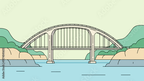 Modern double-deck suspension bridge over tranquil water with green hills and yellow sky