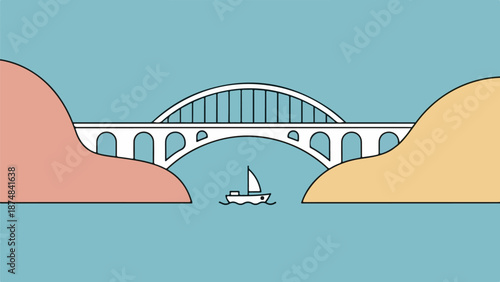 White arched bridge spanning light blue water connecting pink and yellow hills with a sailboat in the foreground
