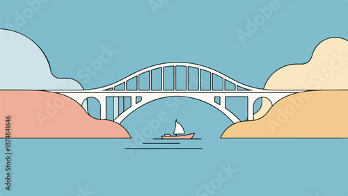 Illustration of a grand white arch bridge spanning light blue water with a sailboat and pastel-colored land
