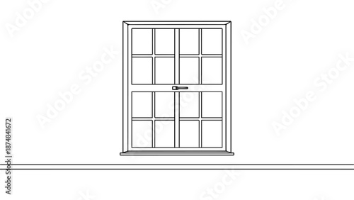 Line drawing of a traditional double-hung window with multiple panes and a central latch
