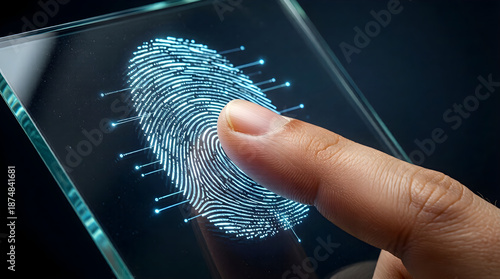 Fingerprint scan on futuristic interface - biometric authentication and cybersecurity concept