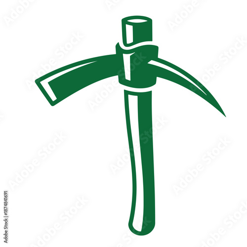 Green pickaxe icon with long handle and curved blades isolated on white background