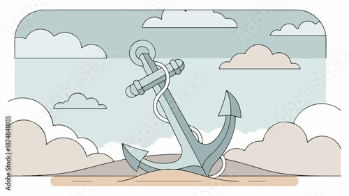 Stylized anchor illustration with muted blue, gray, and light brown colors on sandy ground and light blue sky background