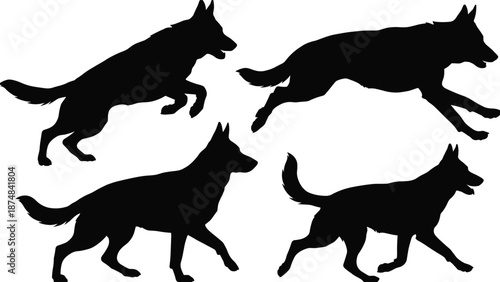 Set of black dog silhouettes showing running and jumping canine action poses, isolated on white background for pet, motion, wildlife, and illustration design
