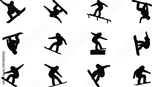 Set of snowboarder silhouettes performing jumps, flips, and rail tricks, extreme winter sports action poses isolated on white background for adventure and illustration design