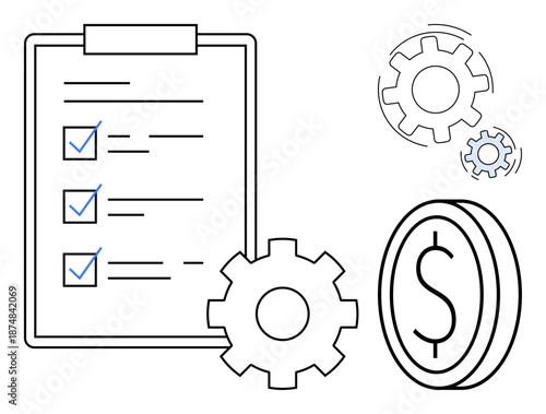 Business strategy, financial management, workflow efficiency, automation, goal setting, planning. Visual includes checklist, gears dollar symbol. Business strategy and financial management