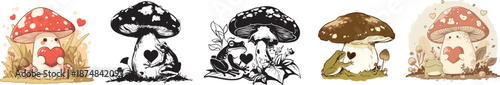 Cute Mushroom with Heart: Captivating collection of illustrated mushrooms, each adorned with a heartfelt design, bringing a touch of whimsy and charm.