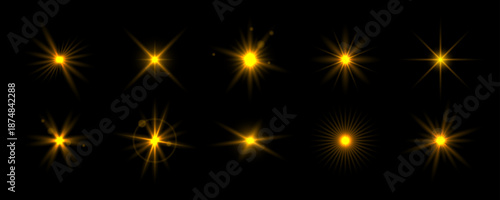 Golden glowing sparkle set. Magical gold stars, twinkles and sparks glowing pack. Shining light flare effect collection. Radiant sun beam burst bundle. Starlight rays radiance sun elements. Vector
