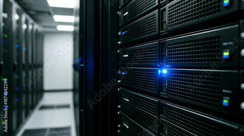 Server rack with glowing blue status light in data center - cybersecurity and IT infrastructure