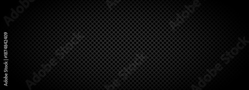 Black geometric perforated texture background. Abstract tech pattern. Technical circle grid design wallpaper. Vector illustration isolation concept. Dark grey round hole cover backdrop