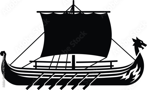 Viking longship silhouette isolated on white background, ancient Nordic sailing boat, medieval maritime transport, Scandinavian history illustration vector design