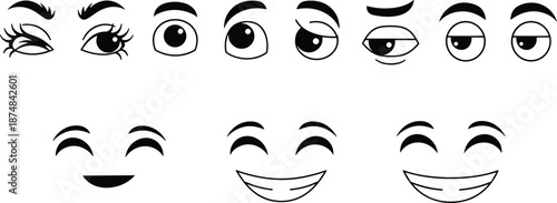 Black outline cartoon eyes eyebrows and smiling mouths set, expressive facial elements for emoji avatars stickers character design vector illustration collection