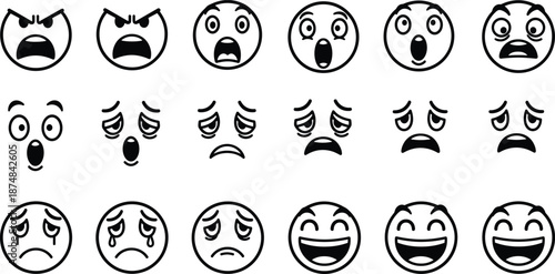 Black outline emoji faces set showing angry surprised sad happy emotions, simple cartoon expression icons collection for apps stickers web design