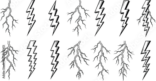 Black outline lightning bolts and branching electric cracks set, hand drawn thunder energy symbols for comics tattoos graphic design illustration collection
