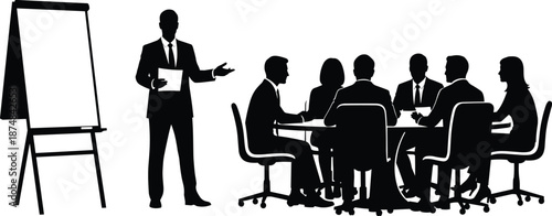 Business meeting presentation silhouette with corporate team discussion, manager explaining strategy on flip chart in conference room modern office vector illustration