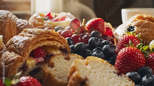 Assortment of pastries and fruit on a white plate near a cup of coffee