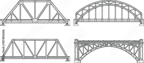 Detailed architectural bridge illustrations featuring truss and arch bridge designs in black and white technical engineering line art style drawings set