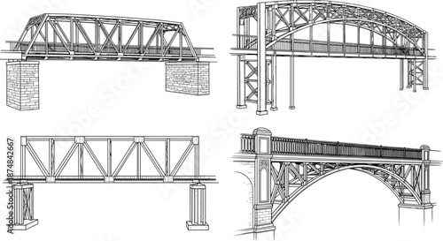 Architectural bridge construction line art set showing truss and arch bridge designs, detailed engineering illustration for infrastructure and civil projects