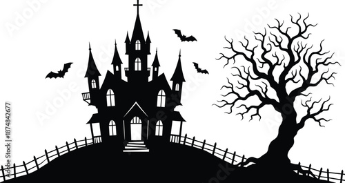 Haunted house silhouette illustration with spooky gothic mansion bats and dead tree isolated on white background for Halloween design projects
