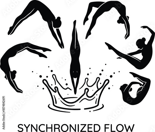 Synchronized swimmer silhouette illustration showing coordinated diving poses forming artistic water splash concept isolated on white background for aquatic sport design branding