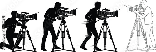Professional cameraman silhouette set showing video camera operators filming with tripods in studio production isolated on white background concept illustration