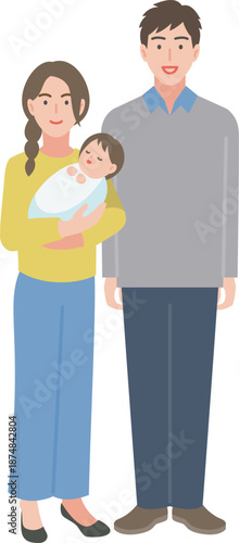 赤ちゃんを抱っこしている若い夫婦の全身イラスト