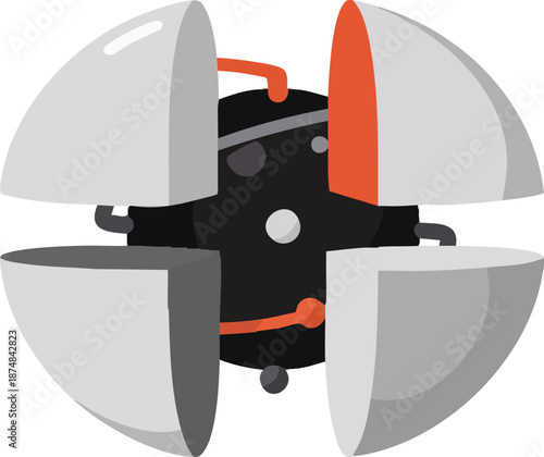 An illustration of a spherical mechanical device split open to reveal its internal components and intricate design.