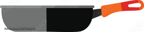 Illustration of a grey and black frying pan with an orange handle.