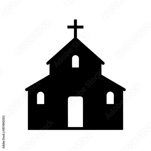 Simple black silhouette of a church building with a cross on top