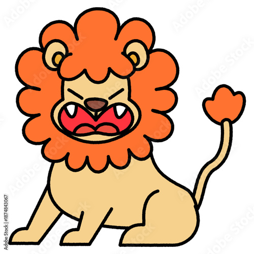 怒った表情で座るライオンのコミカルなイラスト